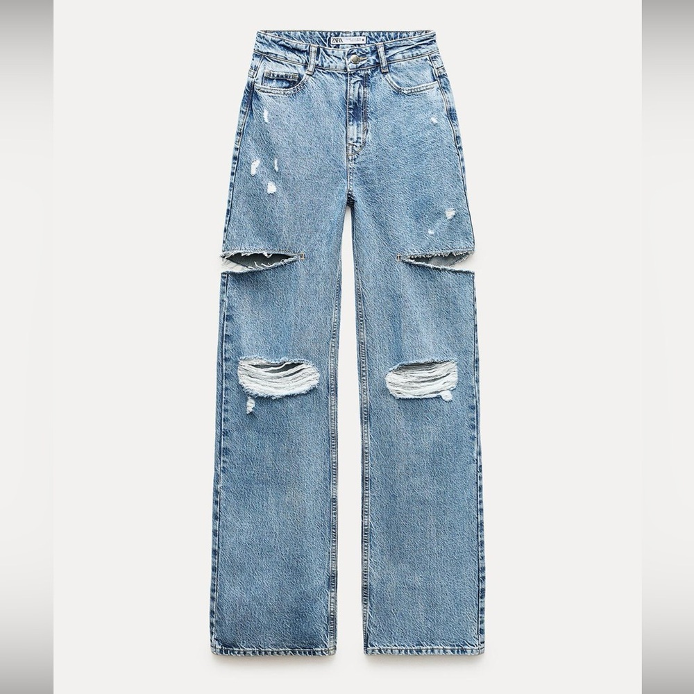 Zara Blue Distressed Straight Leg Jeans